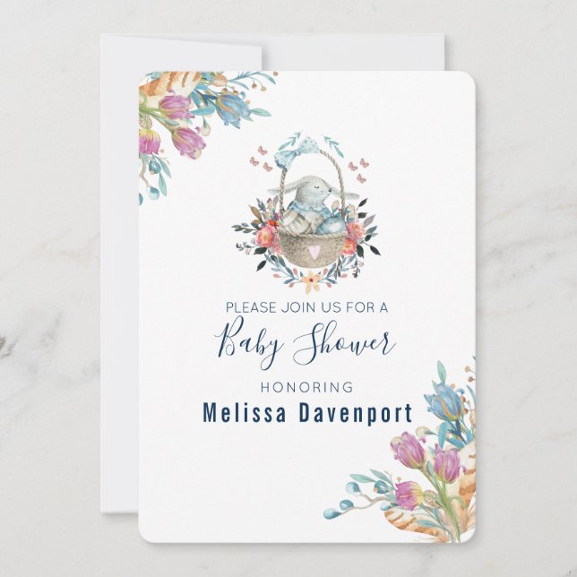 Invitation Momma Bunny dans un panier et fleurs de tulipe Bab (Devant)