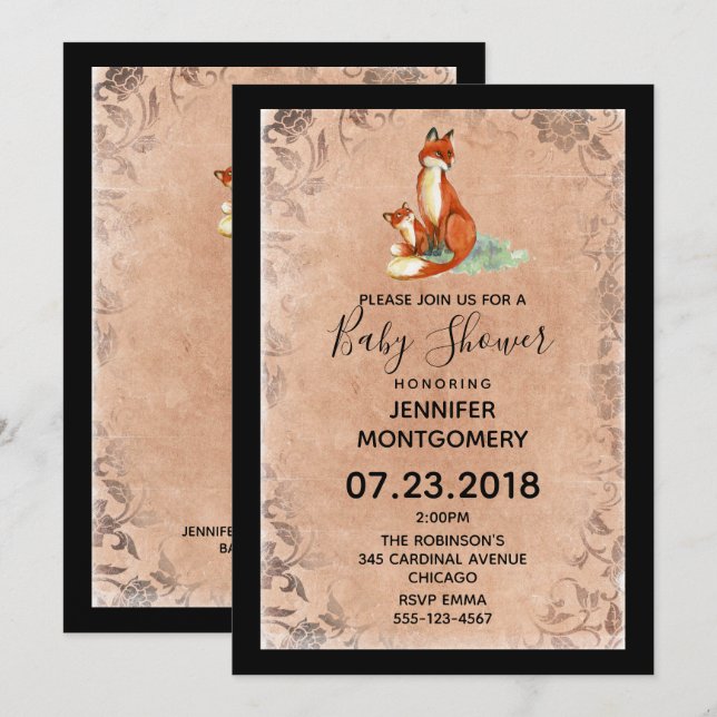 Invitation Momma Fox et Baby Watercolor Baby shower (Devant / Derrière)