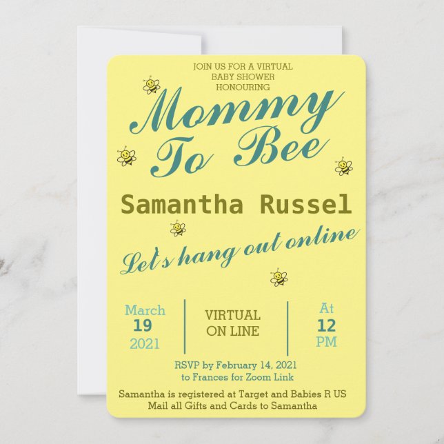 INVITATION MOMMAIRE À BEE CUTE BABY SHOWER VIRTUEL (Devant)