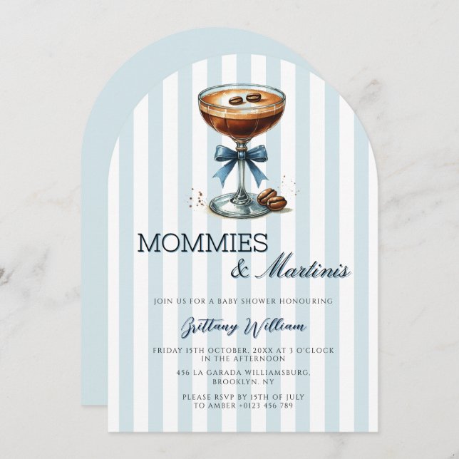 Invitation Mommies and Martinis Blue Bow Arch Baby shower (Devant / Derrière)