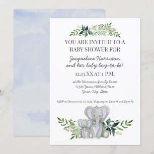 Invitation Mommy Boy Baby Elephant Foliage Pastel Douche Bleu