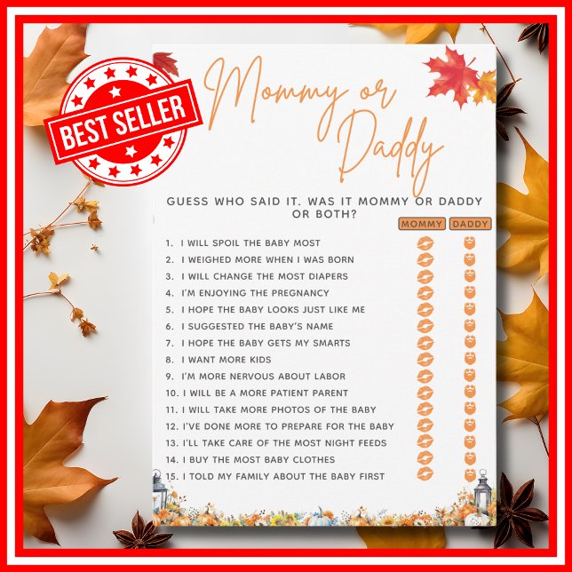 Invitation MOMMY OU DADDY Baby shower Jeu Un Petit Citrouille (MOMMY OR DADDY Baby Shower Game with Answers A Little Pumpkin is on the Way Theme )