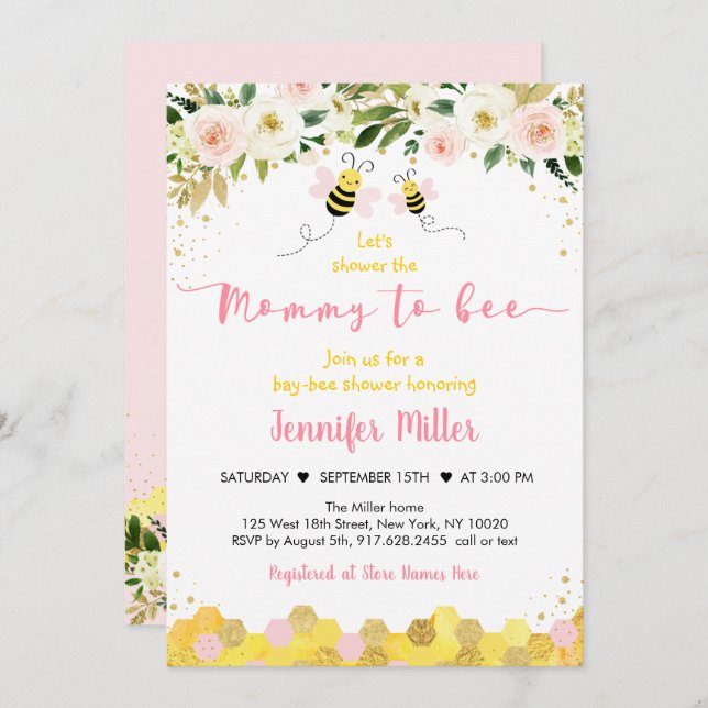Invitation Mommy to Bee Baby shower Floral or rose (Devant / Derrière)