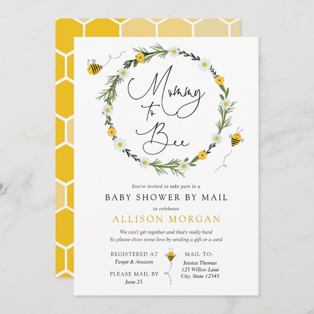 Invitation Mommy to Bee Baby shower par courriel (Devant / Derrière)