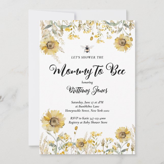 Invitation Mommy to Bee Baby shower Tournesol été (Devant)