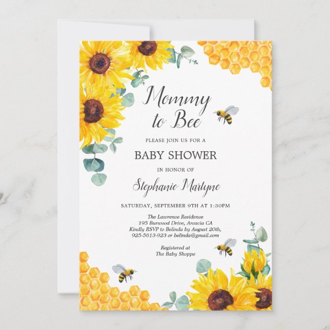 Invitation Mommy To Bee Honeycomb Baby shower de tournesol (Devant)