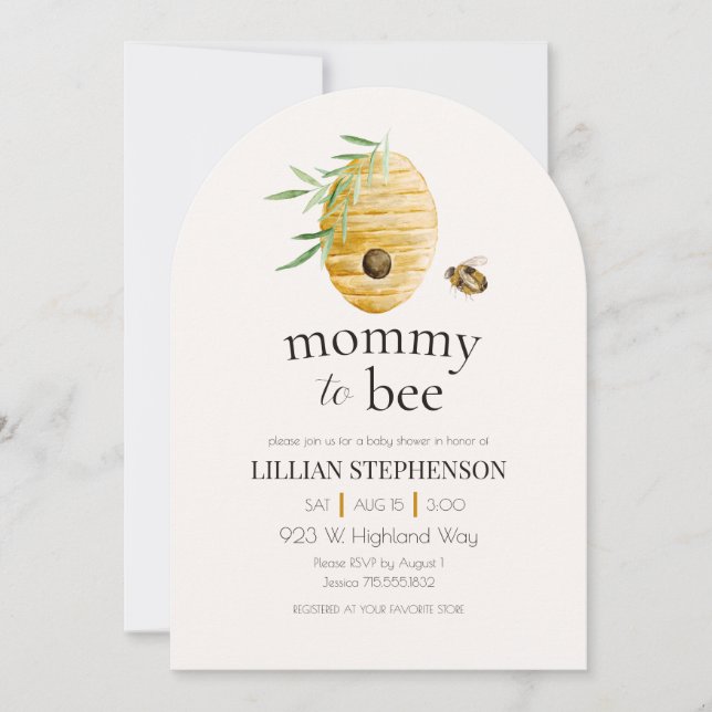 Invitation Mommy To Bee Watercolor Bumblebee Baby Shower (Devant)