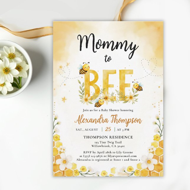 Invitation Mommy to Bee Whimsical Floral Cute Baby Shower (bee baby shower theme invitation spring summer mommy little honey watercolor whimsical floral)