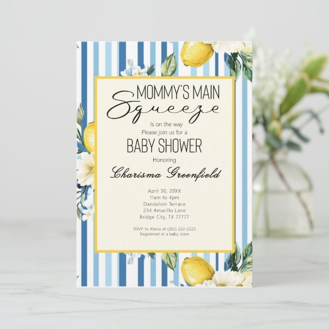 Invitation  Mommy's Main Squeeze Lemon Blue Boy Baby Shower (Debout devant)