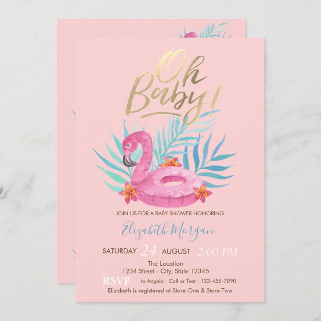 Invitation Mon Baby shower Flamant rose bébé (Devant / Derrière)
