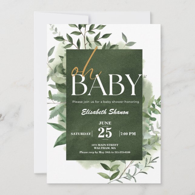 Invitation Mon bébé ! Baby shower d'aquarelle verdoyante (Devant)