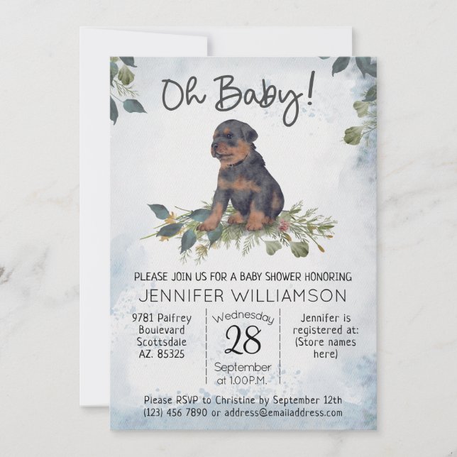 Invitation Mon bébé ! Baby shower de chien chiot Rottweiler (Devant)