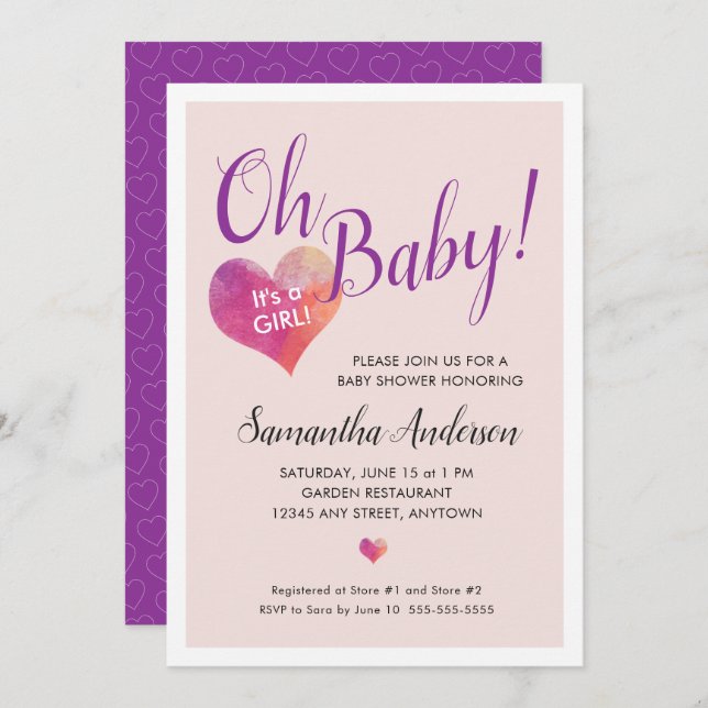 Invitation Mon bébé ! C'est un Baby shower de coeur rose fill (Devant / Derrière)