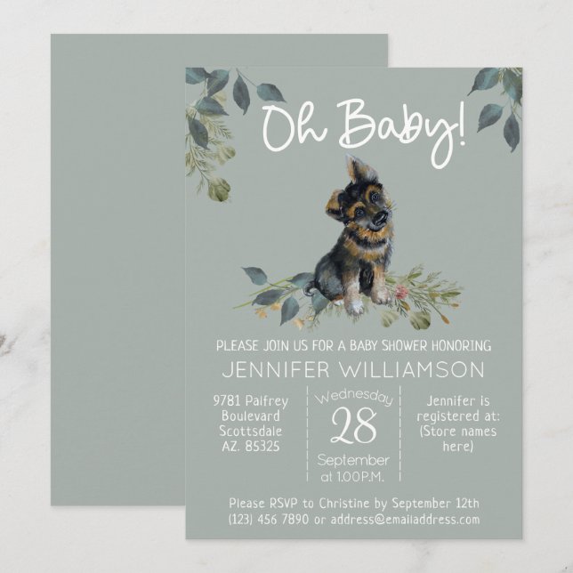 Invitation Mon bébé ! Chien Baby shower berger allemand Sage (Devant / Derrière)