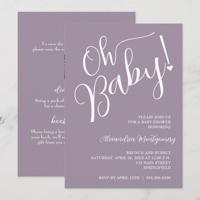 Invitation Mon bébé ! Code QR baby shower violet (Devant / Derrière)