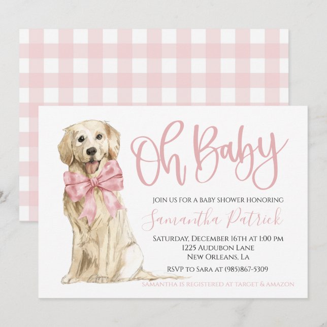 Invitation Mon bébé ! Douche Chien Rose Chien Rose Chien Rose (Devant / Derrière)