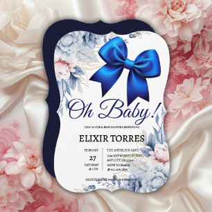 Invitation Mon bébé ! Élégant Baby shower Floral Blue Bow