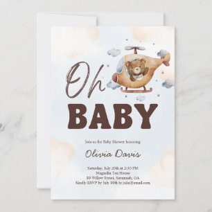 Invitation Mon bébé ! Hélicoptère Teddy Bear Baby shower BLUE