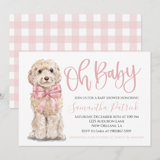 Invitation Mon bébé ! Joli Chien rose En vichy Chien Douche (Devant / Derrière)