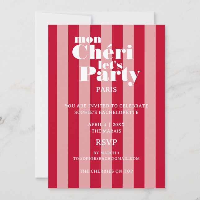 Invitation Mon Cherie Faisons la fête Cherry Red Bold Stripe (Devant)