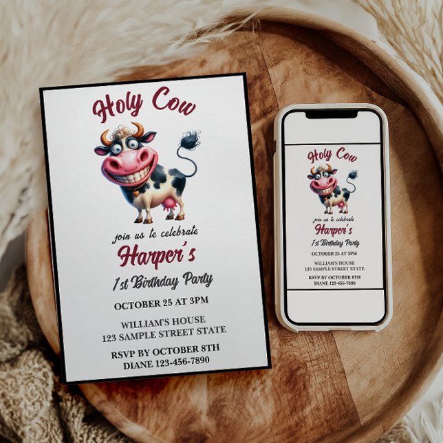 Invitation Mon dieu! 1er anniversaire | Premier Anniversaire  (Holy Cow! 1st Birthday | Animal First Birthday Invitation
)