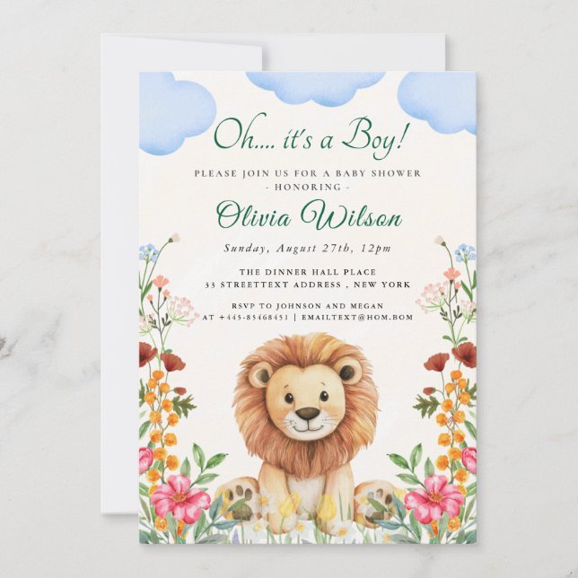 Invitation “Mon dieu!” Baby Shower Lion et Feuillage (Devant)