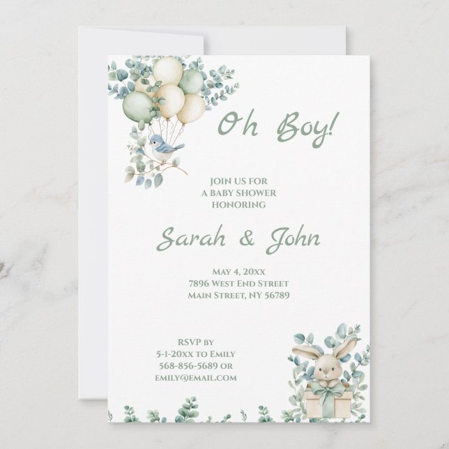 Invitation Mon garçon, Baby shower Eucalyptus (Devant)