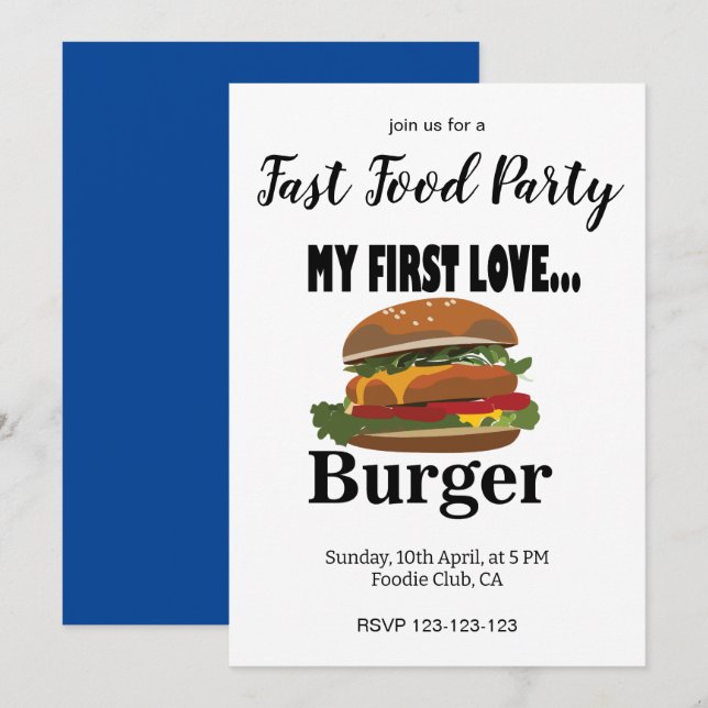 Invitation Mon Premier Amour Burger Restauration Rapide Fête (Devant / Derrière)