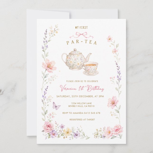 Invitation Mon premier anniversaire Par-Tea wildflower  (Devant)
