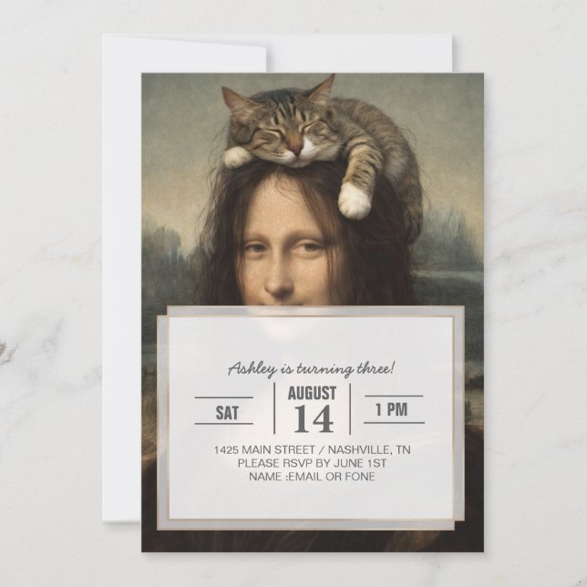Invitation Mona Lisa avec chat endormi (Devant)