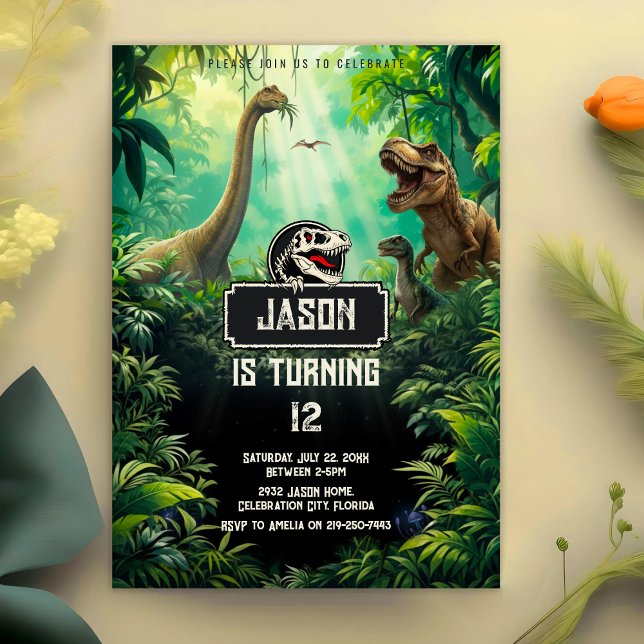 Invitation Monde des dinosaures cool Jurassique verdure Anniv (Créateur téléchargé)