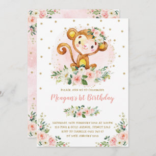 Invitation Monkey 1er anniversaire Blush Pink Floral Wilal On