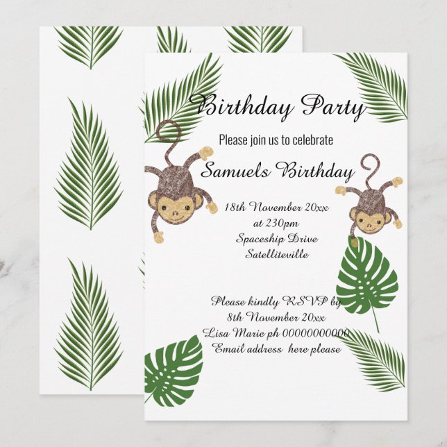INVITATION MONKEY BOTANICAL GREEN FERN ENFANTS ANNIVERSAIRE (Devant / Derrière)