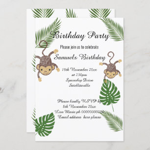 INVITATION MONKEY BOTANICAL GREEN FERN ENFANTS ANNIVERSAIRE