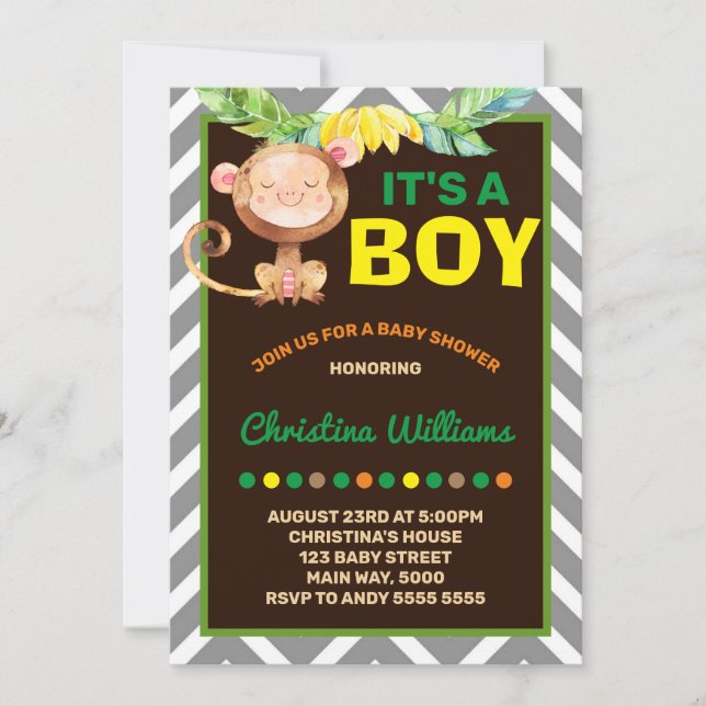 Invitation Monkey Boy Baby shower Jungle (Devant)