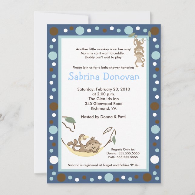 Invitation Monkey Business Dark Blue / Baby shower Brown (Devant)