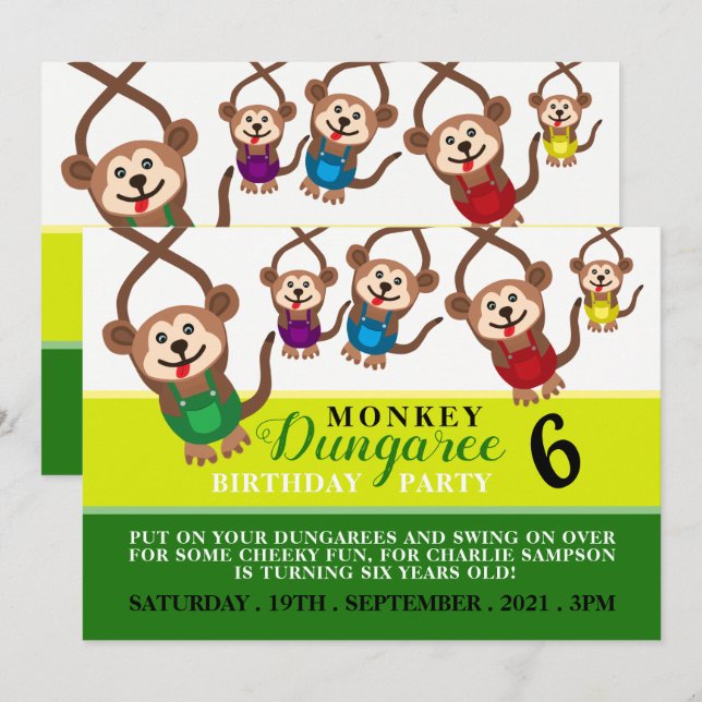 Invitation Monkey Dungaree, fête d'anniversaire des enfants (Devant / Derrière)