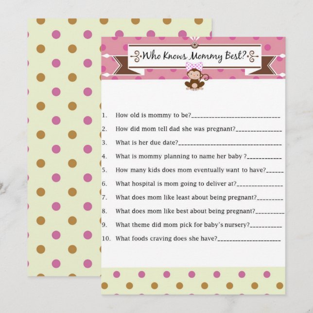 Invitation Monkey Girl Baby shower qui connaît maman le meill (Devant / Derrière)