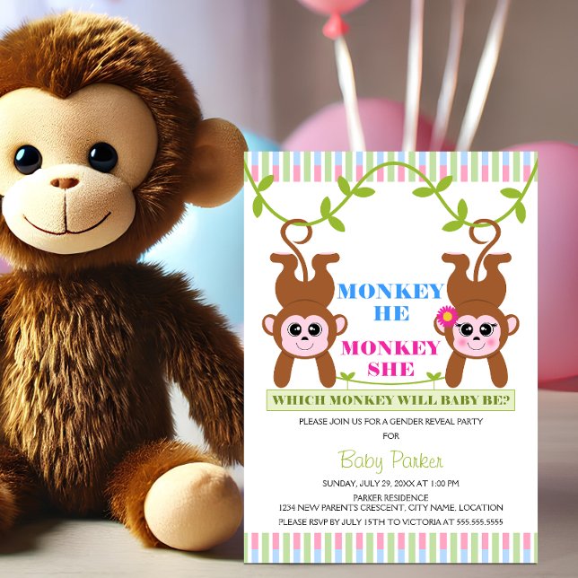 Invitation Monkey He Monkey She Gender Revevevela Party (Cute monkey he and she gender reveal party invitation.)