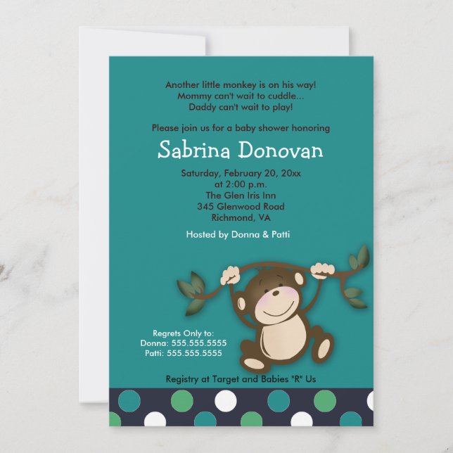 Invitation MONKEY PLAY 5x7 BLUE BOY BABY SHOWER (Devant)