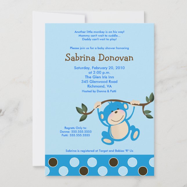Invitation Monkey Play in Blue Boy baby shower 5 x 7 (Devant)