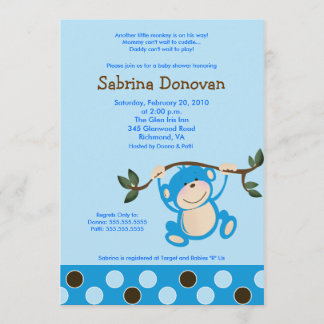 Invitation Monkey Play in Blue Boy baby shower 5 x 7