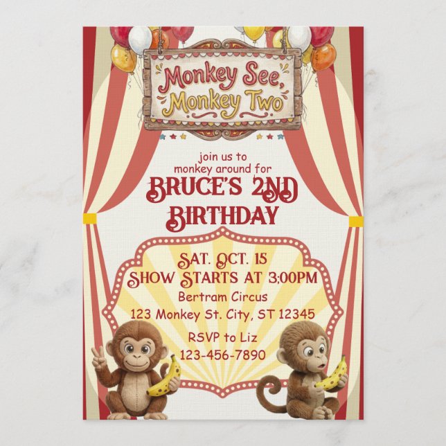 Invitation Monkey See Monkey Two, Circus 2nd Birthday (Devant)