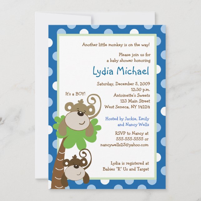 Invitation Monkey Time 5x7 Palm Tree Jungle Baby shower (Devant)