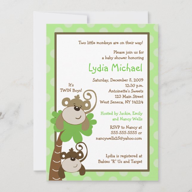 Invitation Monkey Time 5x7 TWINS Jungle Baby shower (Devant)