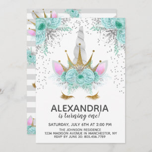 Invitation Monnaie, Argent et Or Unicorne Princesse Anniversa