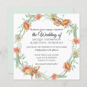 Invitation Monnaie blanche Mint Green n Coral Papillon Floral