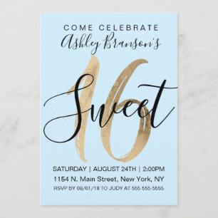 Invitation Monnaie Bleue Faux Gold Foil Sweet 16