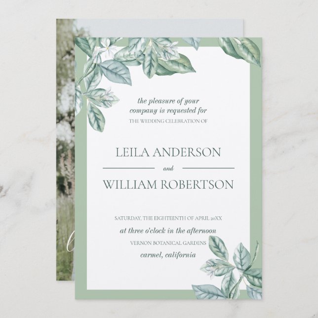 Invitation Monnaie Botanique Élégant Mariage Photo (Devant / Derrière)