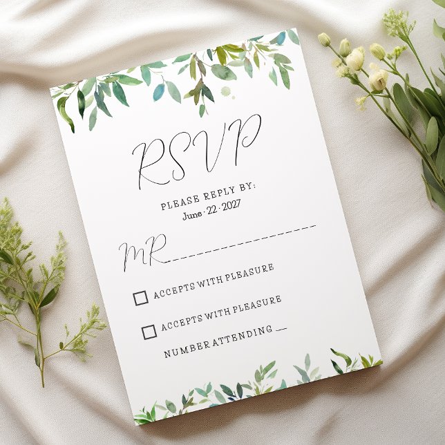 Invitation Monnaie botanique vert foncé verdure RSVP (Botanic mint dark green foliage greenery RSVP )